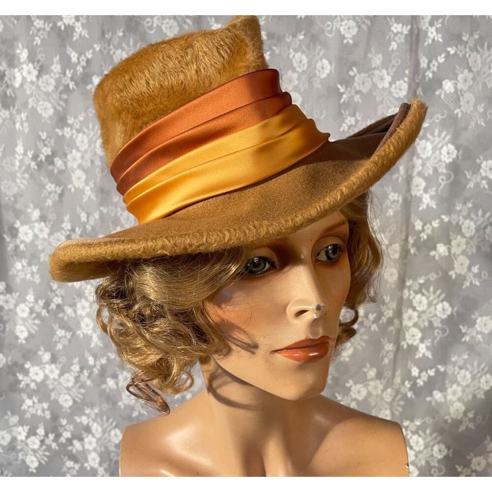 Vintage 60s Brown Fuzzy Fedora Hat Womens Wide Brim Mod Boho Hippie 1960s